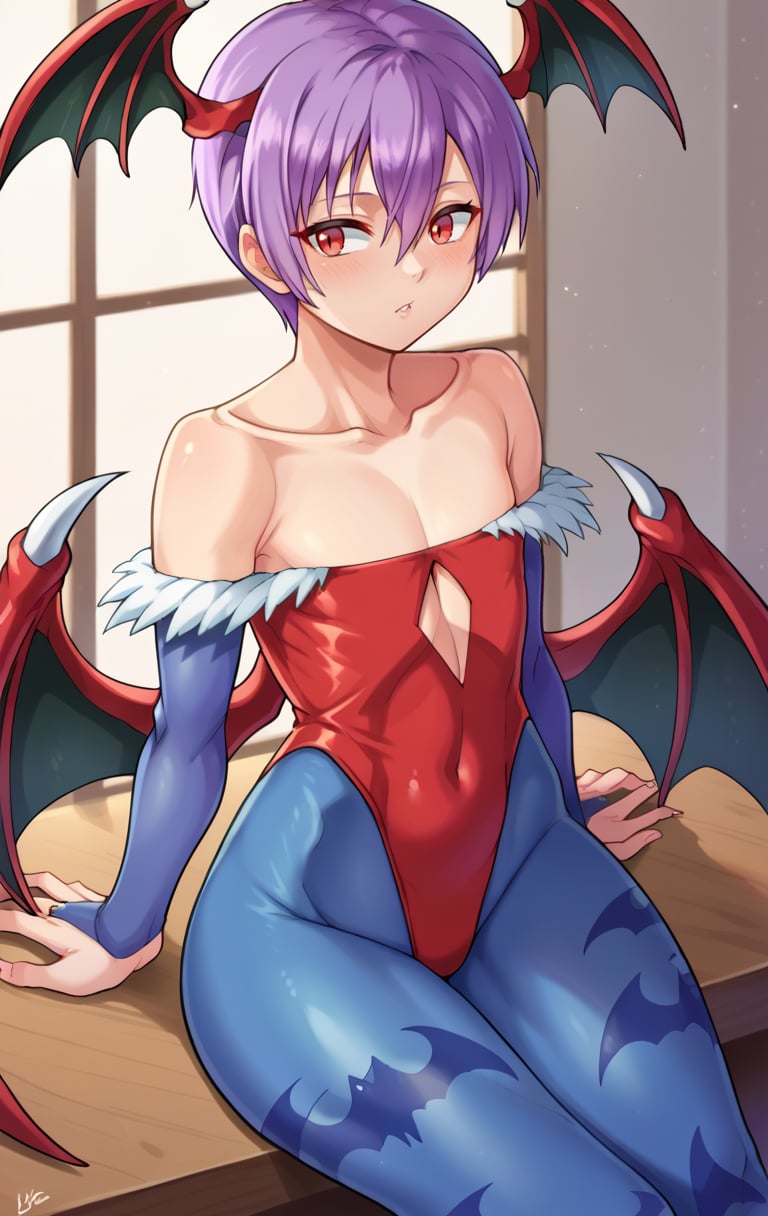 score_9,score_8_up,score_7_up,source_cartoon BREAK <lora:lilith10:1>,lilithSDXL,1girl,short hair,red eyes,hair between eyes,bare shoulders,collarbone,purple hair,:d,pantyhose,wings,flat chest,leotard,demon girl,bat wings,animal print,head wings,bridal gauntlets,yokozuwari,print legwear,red leotard,bat print,blue pantyhose,lilith aensland,cowboy shot,room,room background,sitting, 