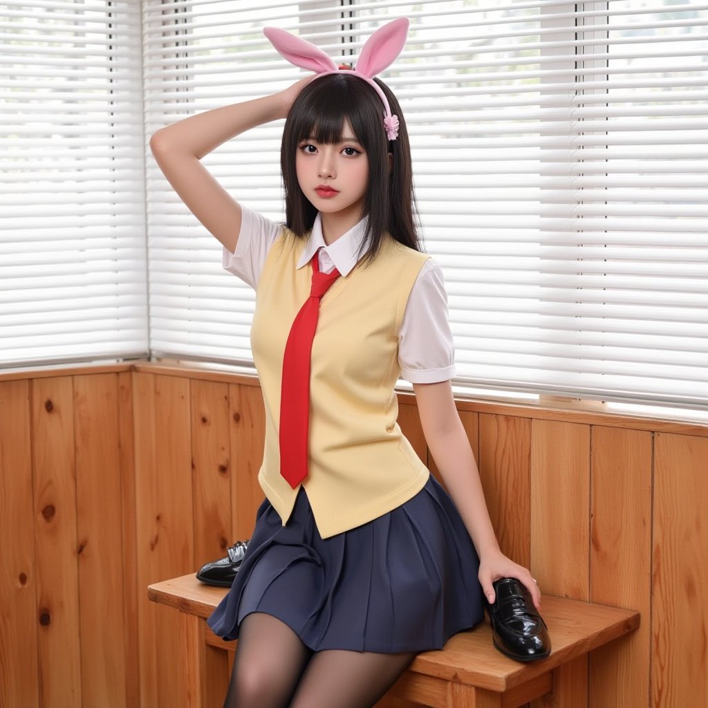 This is a clear and high-resolution anime-style image. In the picture, there is a female wearing a yellow sleeveless top, white short-sleeved shirt, red tie, and a deep blue pleated skirt. She is wearing black leather shoes and black stockings, with black hair that falls in long locks. She is wearing a pink bunny ear hair clip and has her right hand resting on her hair, while her left hand is resting on her leg, with her legs slightly bent as she sits on a wooden chair. Her eyes are looking to the left of the camera, and she appears to be in her twenties with a slim figure and a calm expression. The background features a window with white blinds and a wooden wall.