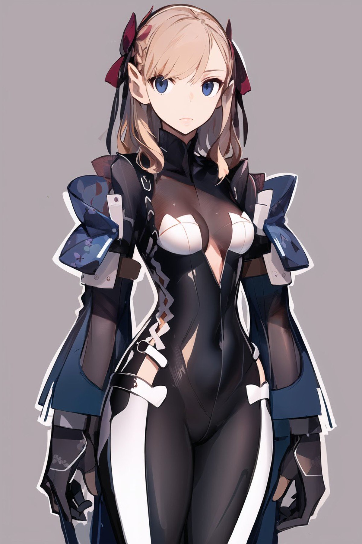 (masterpiece, best quality:1.2), <lora:style_panamaman-20:1>, (thick outlines:1.2), solo, 1girl, expressionless, closed mouth, looking at viewer, streaked hair, hair ribbon, black eyes, bodysuit, clothing cutout, aiguillette, gloves