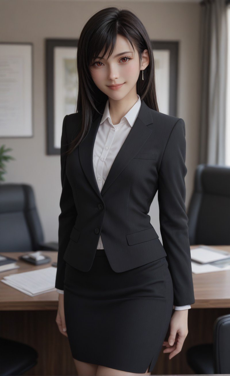 score_9, score_8_up, score_7_up, masterpiece,best quality, highly detailed, Best quality,masterpiece,ultra high res,(office suit:1.2),tifa_ac,looking at viewer,(cowboy shot:1.1), long sleeves, grey pencil skirt, office,smile,closed mouth,,