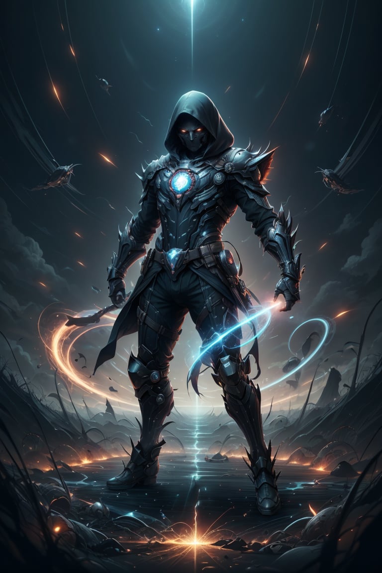 full body shot portrait,solo,(full body:0.6),looking up,detailed background,detailed face,warp,scifi,excessive energy,ulblackholetech theme:1.1),dark shadow-assassin,hidden truth,corruptor,ral-elctryzt outfit,ral-elctryzt hood,dark brown ral-elctryzt armour,ral-fluff belt,dark ral-elctryzt intent,creeping shadows,dynamic pose,specters in background,starry night sky,wind blowing,eerie calm,ominous atmosphere,colorful picture ral-elctryzt,<lora:ral-elctryzt-sd15:0.8>,