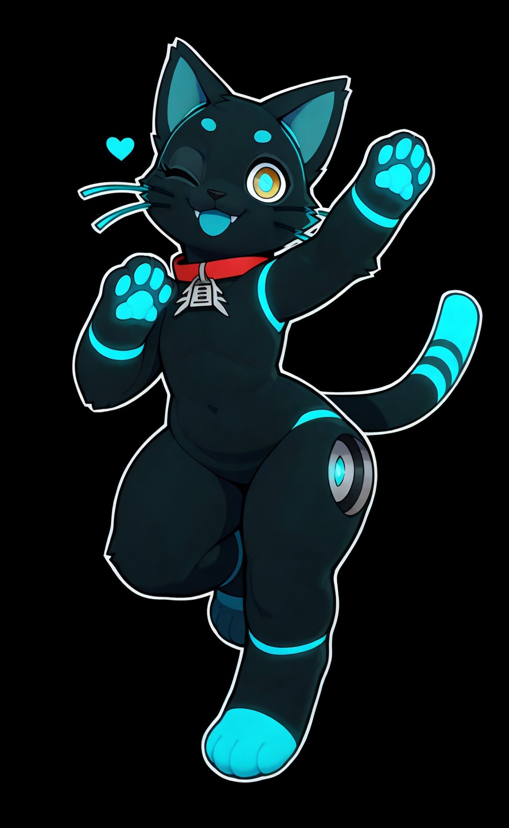 (808:1.2),cat, (black body:1.2) with blue,black (whiskers:1.2) with blue,tail, robot,machine, hi-fi rush, anthro, female, anthro, blue glow,dipstick tail, red collar, feet, smile, black background ((cel shading)),snowskau, yellow eyes, blue pupils, blue glow, [wide hips], [thick thighs], curvy, cat pose, paws, nude, cute fangs, foot raised, wink, one eye closed, posing, mouth open, blue tongue,(!:1.1) <lora:808 v1.2:1>