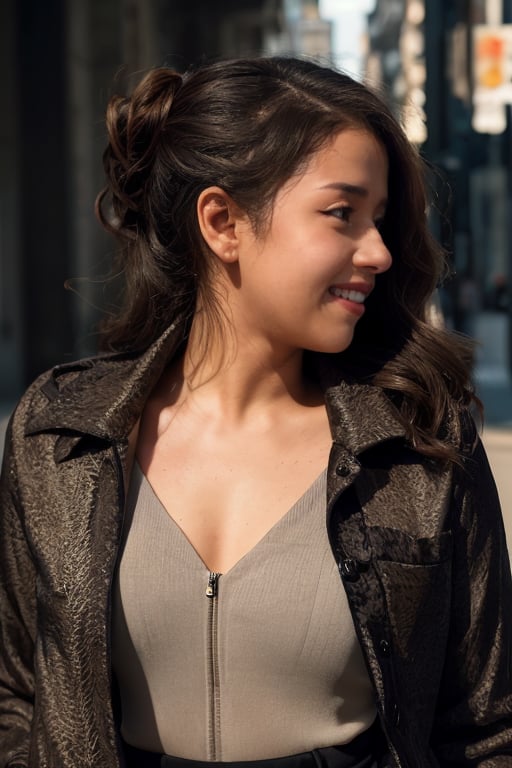 pokimane, portrait, film grain, a woman  (jacket:1.2), sharp lighting, shadows, (thighs), ,  updo, light shining through hair, slightly smiling, profile <lora:pokimane_cyb2_sd1.5_ZnLn:0.50>