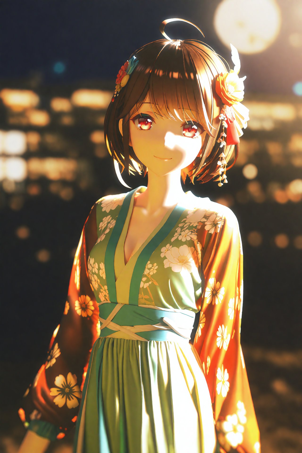 (masterpiece),(best quality),illustration,ultra detailed,hdr,Depth of field,(colorful),mmd,night,1girl,solo,red eyes,looking at viewer,hair ornament,short hair,upper body,brown hair,blurry,ahoge,bangs,see-through,depth of field,hanfu,smile,floral print,closed mouth,