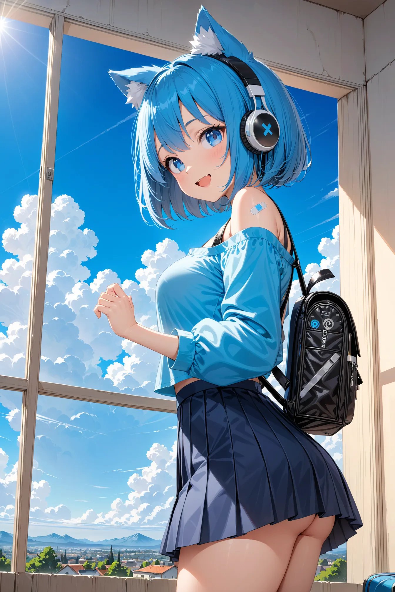 masterpiece, best quality, 1girl, solo, indoors, :d, animal ear fluff, animal, backpack, arms up, bandaid, blue eyes, blue hair, blue shirt, blue skirt, blue sky, bob cut, cloud, day, from side, hair between eyes, headphones, long hair, looking at viewer, looking to the side, off shoulder, open mouth, outdoors, pleated skirt, puffy long sleeves, puffy sleeves, shirt, skirt, skirt lift, sky, smile, very long hair, wide shot, masterpiece, best quality