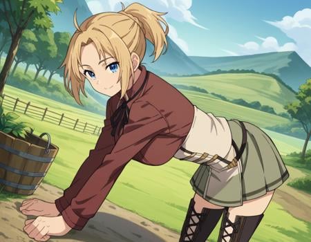 score_9, score_8_up, score_7_up, source_anime,zenithgreyrat, <lora:zenith-greyrat-s1-ponyxl-lora-nochekaiser:1>,zenith greyrat, short hair, blonde hair, blue eyes, ponytail, ahoge,skirt, shirt, thighhighs, long sleeves, ribbon, boots, black thighhighs, thigh boots, brown shirt,outdoors, landscape, farm, bent over, smile,looking at viewer, dutch angle, cowboy shot,