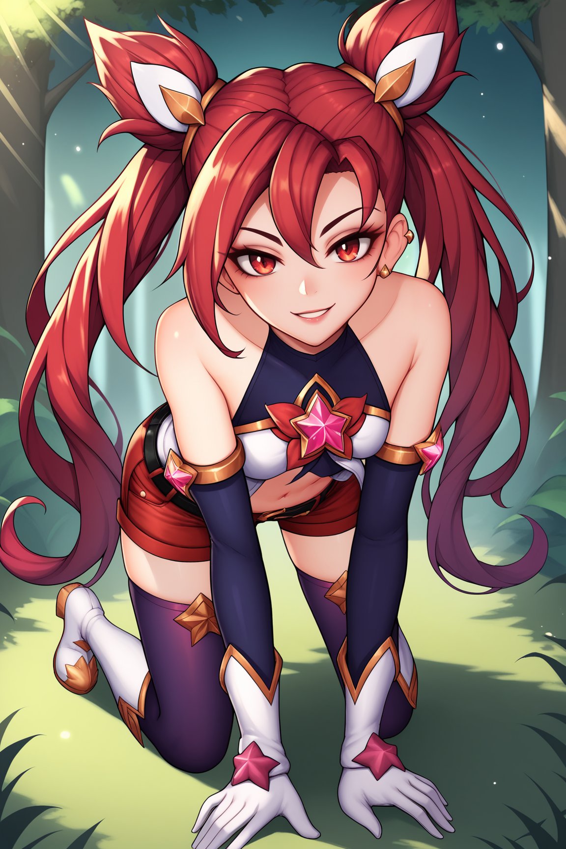 score_9, score_8_up, score_7_up, score_6_up, score_5_up, score_4_up, JinxSGLoLXL, star guardian (league of legends), red eyes, red hair, hair between eyes, twintails, cone hair bun, long hair, bangs, ear piercing, small breasts, bare shoulders, white dress, star (symbol), black elbow gloves, white elbow gloves, navel, black belt, red shorts, purple thighhighs, white boots, solo, all fours, seductive smile, looking at viewer, forest, tree <lora:JinxSGLoLXL:0.8>