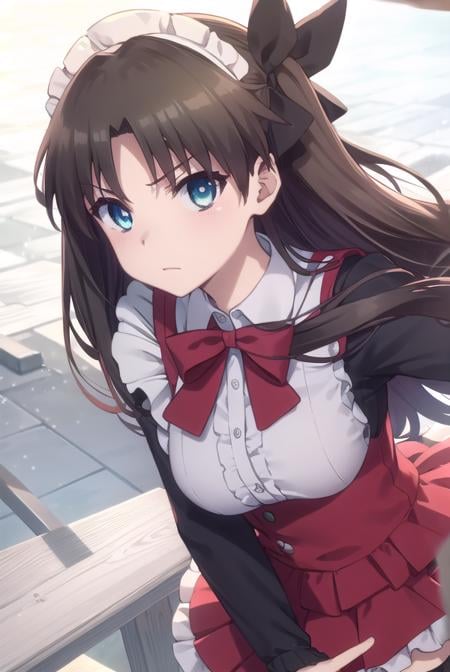 rintohsaka, <lora:rin tohsaka prisma s2s3-lora-nochekaiser:1>,rin tohsaka, long hair, black hair, two side up, aqua eyes, bow, hair bow,BREAK thighhighs, dress, frills, black thighhighs, zettai ryouiki, long sleeves, maid, maid headdress, red dress,BREAK outdoors, snow,BREAK looking at viewer, (cowboy shot:1.5), dynamic pose,BREAK <lyco:GoodHands-beta2:1>, (masterpiece:1.2), best quality, high resolution, unity 8k wallpaper, (illustration:0.8), (beautiful detailed eyes:1.6), extremely detailed face, perfect lighting, extremely detailed CG, (perfect hands, perfect anatomy),