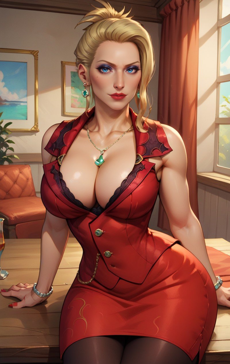 score_9, score_8_up, score_7_up, score_9,  BREAK   <lora:scarlet:1> scarletSDXL, 1girl, solo, looking at viewer, blonde hair, earrings, blue eyes, large breasts, wide hips, room background, dress, cleavage, jewelry, pantyhose, earrings, necklace, realistic,  bracelet, makeup, red dress, lipstick, sitting