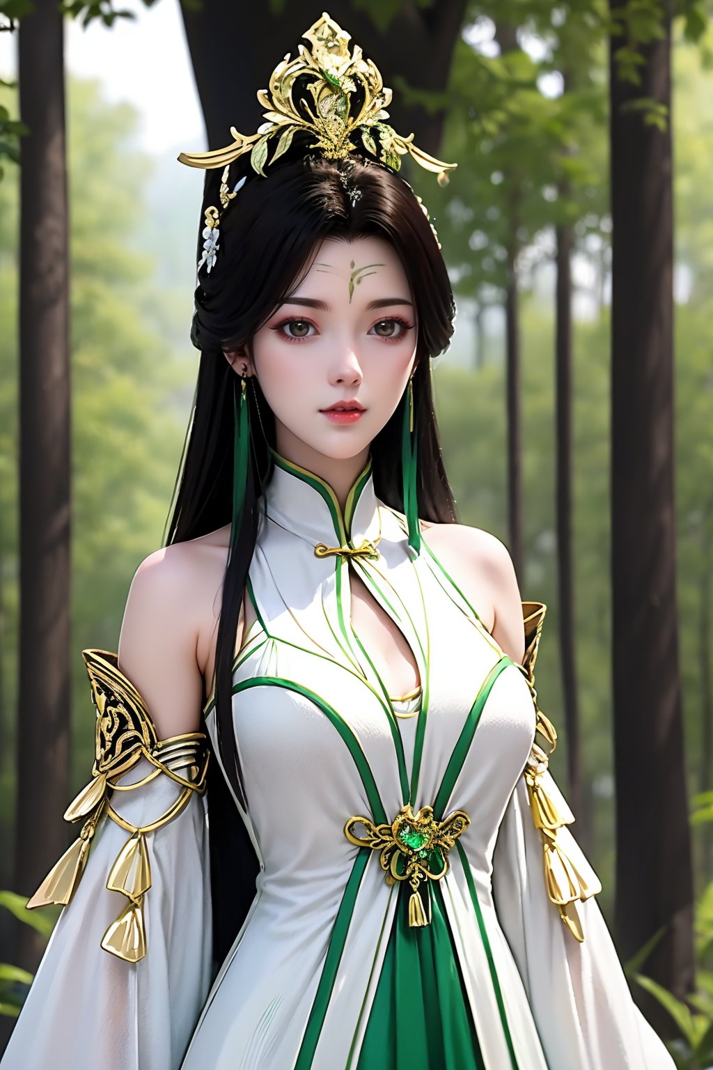 1girl, solo, long hair, upper body, dress, clothing cutout, earrings, hair ornament, black hair, jewelry, facial mark, forehead mark, white dress, forest, bare shoulders, breasts, parted lips, long sleeves, brown hair, tree, cleavage cutout, expressionless, chinese clothes, blurry background, nature, detached sleeves, green dress, looking at viewer