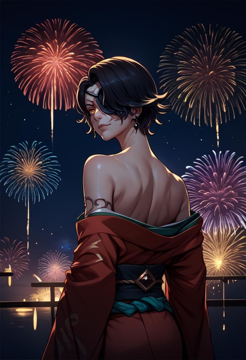 score_9, score_8_up, score_7_up, source_anime, from behind, solo, 1girl, cindermistral, scar on face, light smile, looking back, hair over one eye, eyepatch, japanese clothes, red kimono, off shoulder, earrings, bare shoulders, fireworks <lora:rwby_cinderfall_ponyXL-MISTRAL:1>