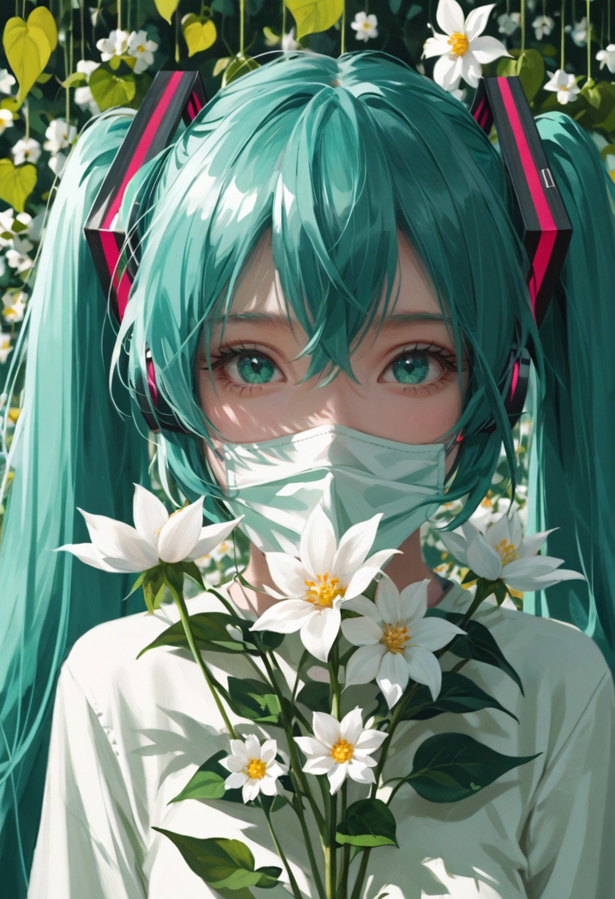 score_9, an anime girl is hiding behind a bunch of white flowers in the sun, 1girl, close-up, upper body, plant, leaf, flower, covered mouth, hatsune miku, looking at viewer, bloom, glint, light, green theme