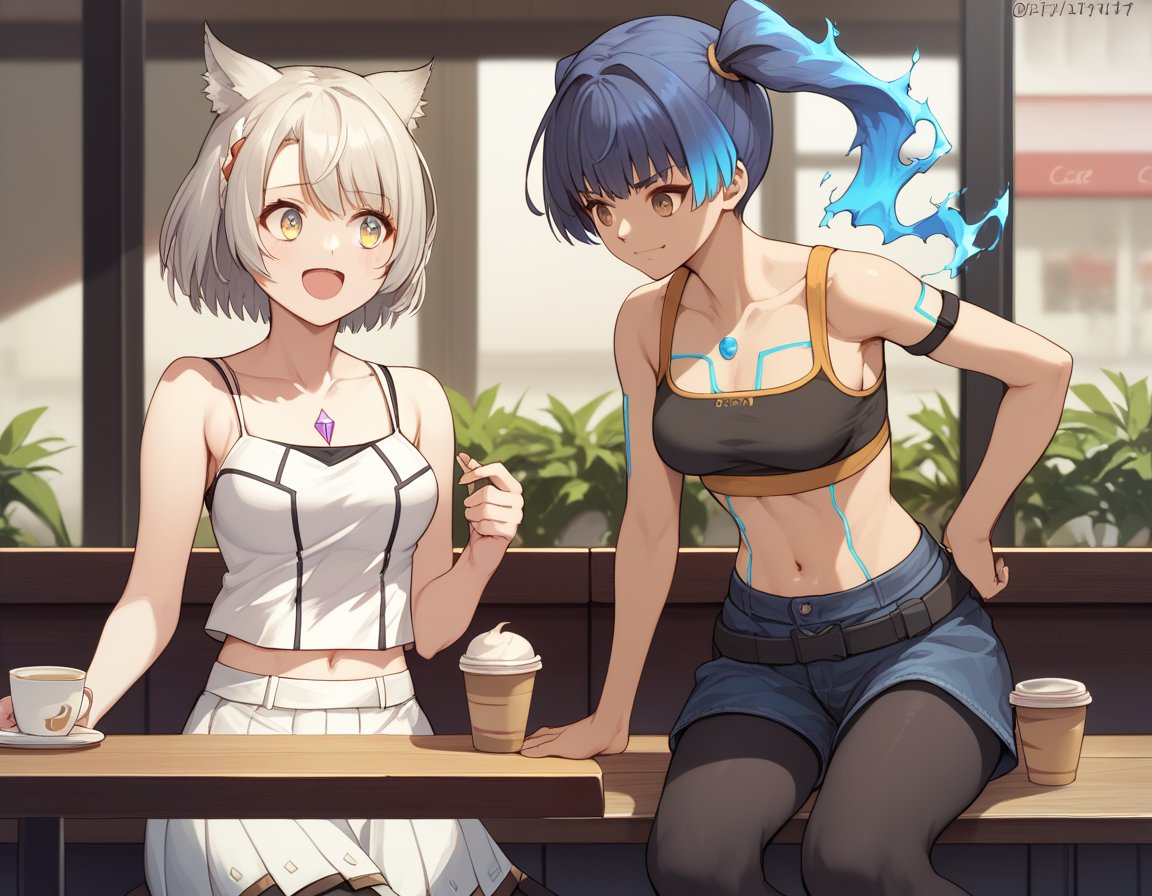 score_9, score_8, score_7, source_anime,<lora:xb3-ponyxl-000003:0.45>2girls, cafe, indoors, excited, facing anotherBREAKmio, black pantyhose, chest jewel, midriff, navel, skirt, white camisole, white skirtBREAKsena, blue hair, black sports bra, chest jewel, crop top, leggings, navel, shorts, shoulder strap