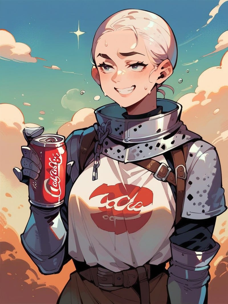 score_9,score_8_up,score_7_up,source_anime,1girl,<lora:knight_surcoat:1>,surcoat,chainmail,upper body,sweat,sky,smile,coca-cola logo,holding can,