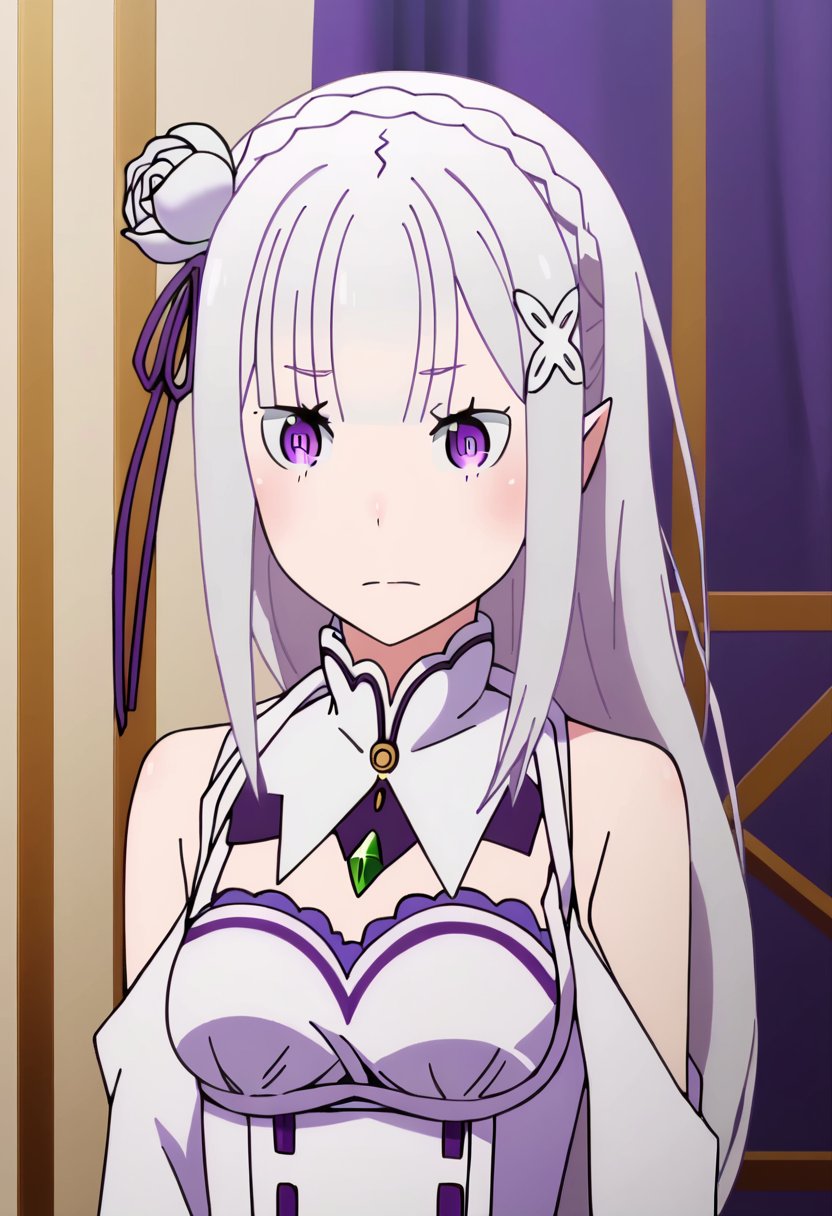 <lora:emilia:1> emilia, 1girl, emilia (re:zero), solo, closed mouth, purple eyes, hair ornament, hair ribbon, ribbon, hair flower, long hair, bangs, flower, purple ribbon, pointy ears