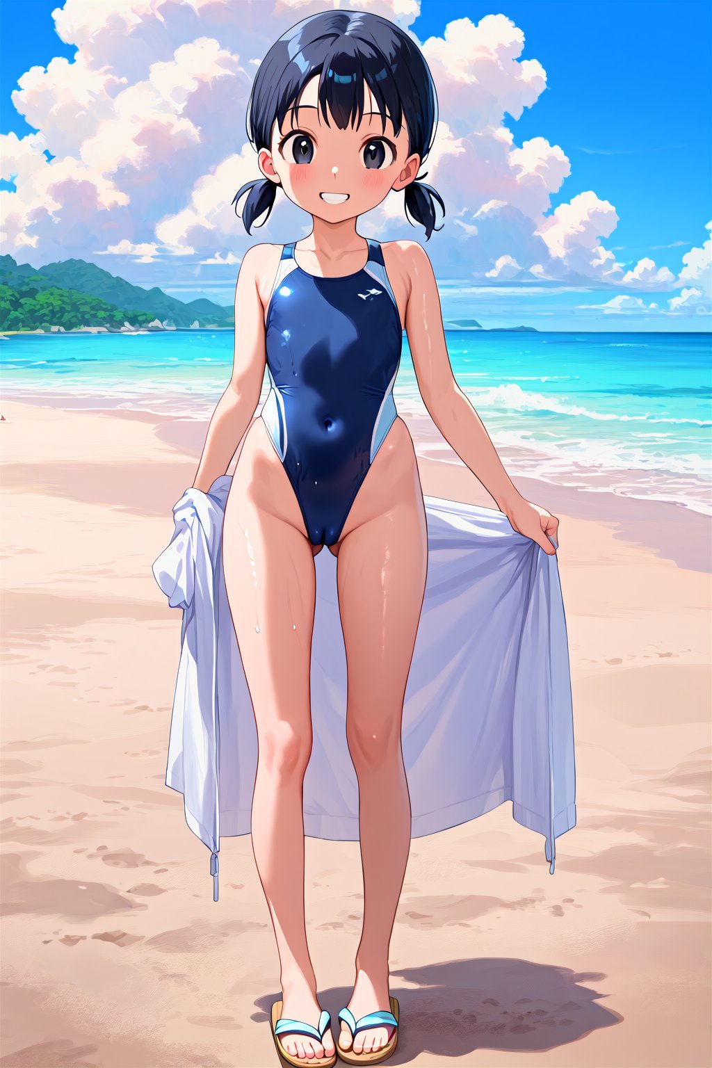 score_9, score_8_up, score_7_up, score_6_up, score_5_up, score_4_up, source_anime,minamoto sizuka,1girl, outdoors, solo, one-piece swimsuit, swimsuit, black hair, beach, twintails, sandals, black eyes, loli, competition swimsuit, sky, day, ocean, cloud, covered navel, looking at viewer, smile, low twintails, cameltoe, standing, blue sky, short hair, toes, full body, blue one-piece swimsuit, grin, water, short twintails, collarbone, wet, legs, horizon, blush, ass visible through thighs, flat chest, highleg, sand, flip-flops, shadow, highleg swimsuit, groin, toenails, child,masterpiece, perfect face, best quality, beautiful girl, cute girl, beautiful eyes, shiny eyes, anime coloring, anime screencap, absurdres, award winning,<lora:cr81e6de878c73fsdrs0:0.8>