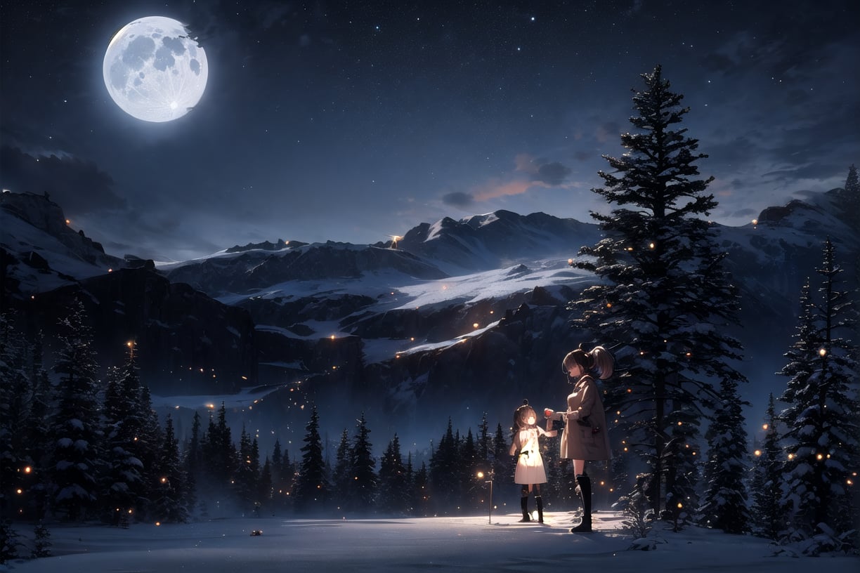 masterpiece, best quality, 2girls, brown eyes, night, mountains, stars, twin ponytails, boots, gloves, sweater, tree, snow, moon, cloud,