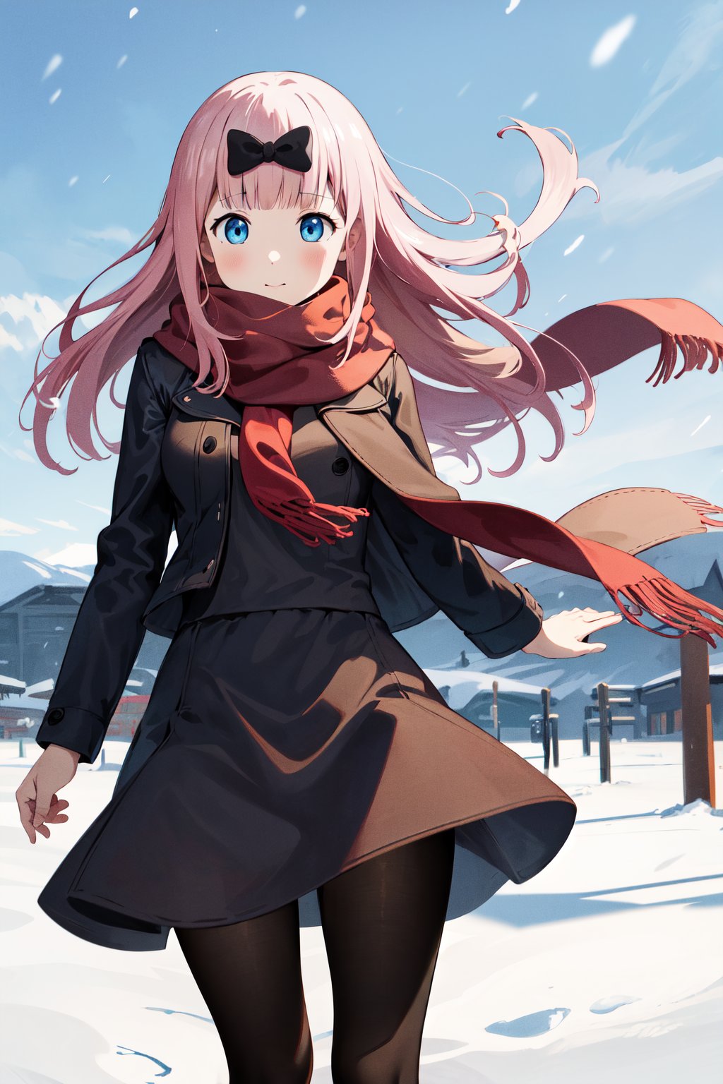 masterpiece, best quality, highres, aachika, long hair, hair bow, <lora:fujiwara_chika_v2:0.7>, snow, scarf, winter clothes, standing, cowboy shot, floating hair, wind