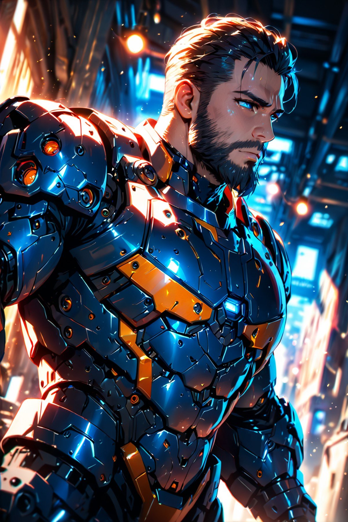 Portrait photo of muscular bearded guy in a worn mech suit, ((light bokeh)), intricate, (steel metal [rust]), elegant, sharp focus, photo by greg rutkowski, soft lighting, vibrant colors, (masterpiece), ((streets)), (detailed face:1.2), (glowing blue eyes:1.1) (Depth of field hdr 8k 4k wallpaper cinematic angle, cinematic lighting,:1.1) (masterpiece, best quality:1.45), (Depth of field hdr 8k 4k wallpaper cinematic angle, cinematic lighting,:1.5) (masterpiece, best quality:2.0)