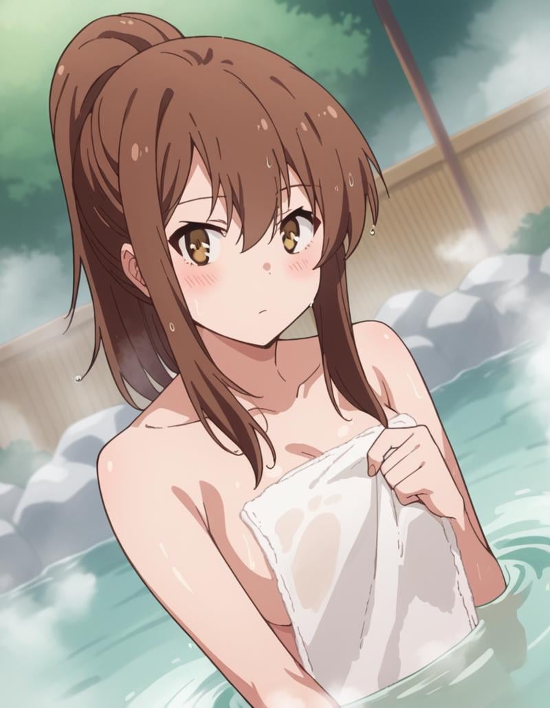 score_9, score_8_up, score_7_up, source_anime,nanamiaoyama, <lora:nanami-aoyama-s1-ponyxl-lora-nochekaiser:1>,nanami aoyama, long hair, bangs, brown hair, hair between eyes, brown eyes, ponytail, sidelocks,nude, naked, outdoors, onsen, towel, naked towel, steam, bathing, nude cover, partially submerged, water, bath, steam censor, wet towel, blush,looking at viewer, cowboy shot, solo, dutch angle