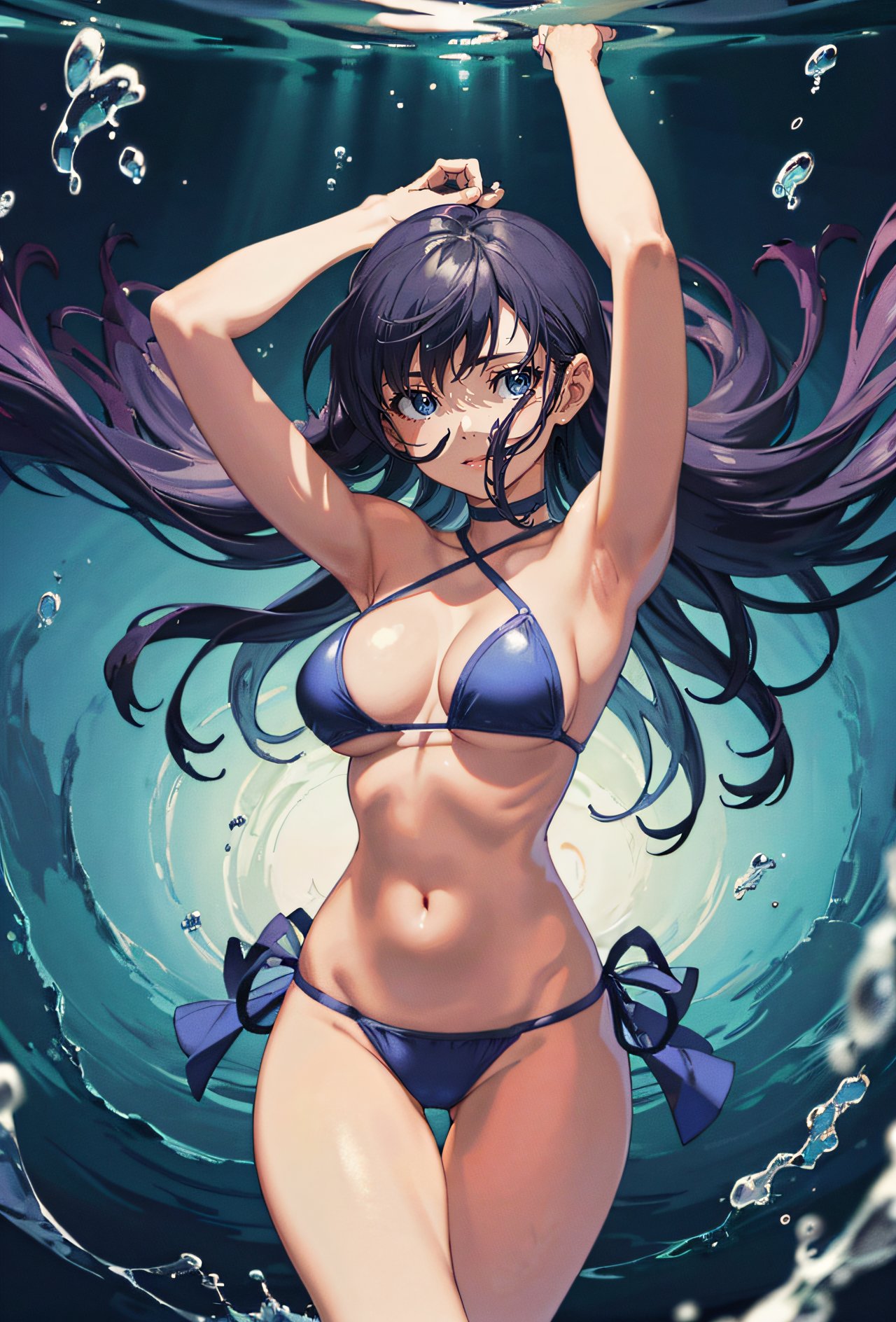 an upper body portrait of a girl wearing a micro bikini swimming around a hyge ocean full of oceaninc life, big breasts, ((floating)), looking at viewer, arms up, arms behind, BREAK, algae, sand, ((underwater)), corals, crystaline water, BREAK, uplight, luminosity gradient, deep water, ((female focus, centered composition, digital art)), (masterpiece, best quality, hires, high quality, by professional artist, ultra detailed, extremely detailed, absurdres, incredibly resolution:1.2), good hands, perfect hands, <lora:GoodHands-beta2:1>