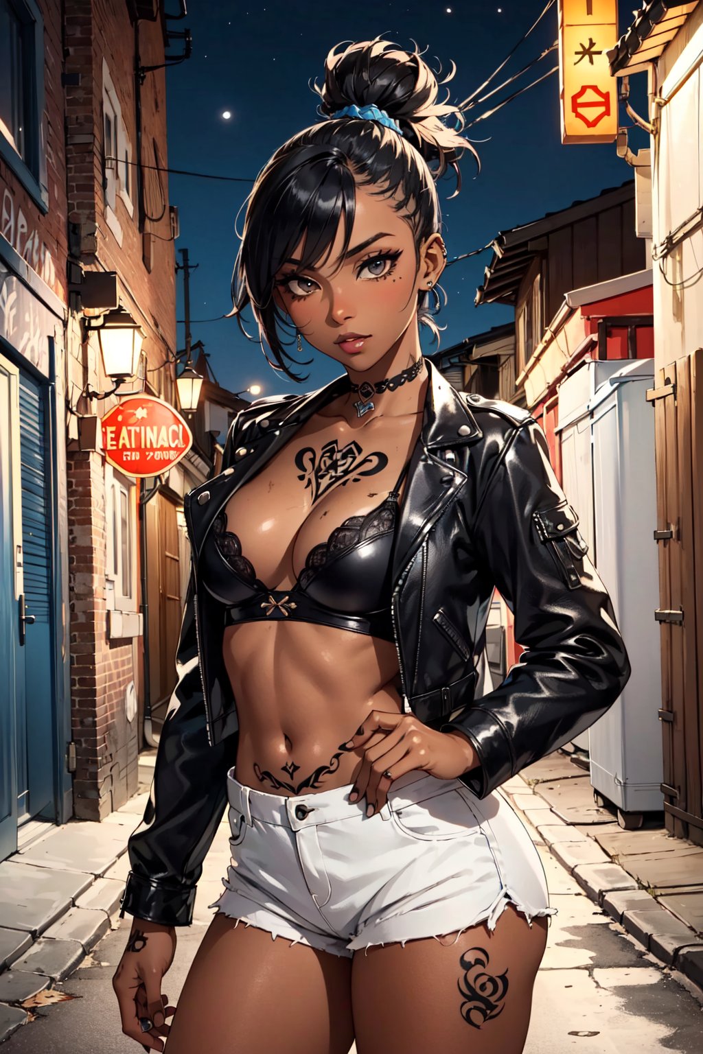 (masterpiece, best quality:1.4), (cute, adorable), (1girl, solo), (black skin, dark skin, ebony:1.4), (a sexy punk rock chick), (eyelashes, eyeshadow, eyeliner), (full lips), (mohawk hair), (natural breasts), piercings,( tattoos:1.4), (black leather jacket), (ornate delicate white bra), (black leather shorts), (fishnet stoking:1.2), (dirty alley:1.4), (at night:1.4), trash cans, graffiti, (cowboy shot:1.4), 