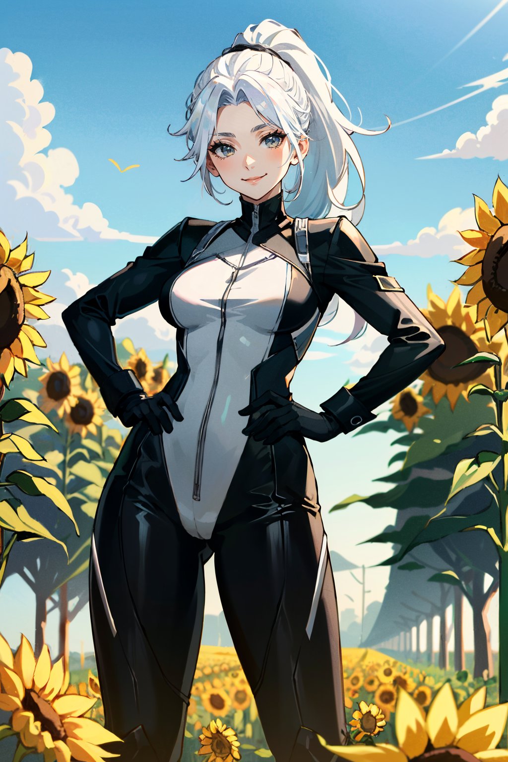 ((ultra detailed, masterpiece, absurdres)) <lora:SpiderBlackCat:0.9>SpiderBlackCat, 1girl, white hair, ponytail, surrounded by sunflowers in a bright field, smiling, with hands on hips