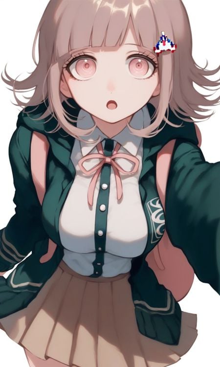 <lora:PONY_character_nanami_chiaki:1>,high quality, nanami chiaki, 1girl, solo, skirt, hair ornament, flipped hair, bag, backpack, breasts, pleated skirt, hood, shirt, hairclip, jacket, simple background, large breasts, ribbon, :o, white background, white shirt, brown skirt, looking at viewer, neck ribbon, dress shirt, open mouth, leaning forward, cowboy shot, open clothes, black shirt, long sleeves, pink ribbon, green jacket, light brown hair, open jacket, miniskirt, holding strap, hooded jacket, collared shirt, brown hair, shirt tucked in, hoodie, school uniform, pink bag, score_9, score_8_up, score_7_up, score_6_up, score_5_up, score_4_up, just describe what you want, tag1, tag2