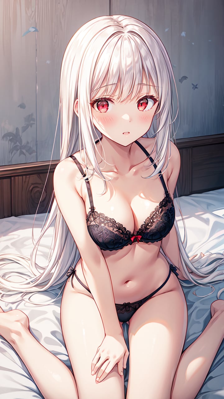 masterpiece,best quality,highres,illustration,hyper detailed,8k cg wallpaper,ray tracing,((white hair:1.2)),((long hair:1.2)),red eyes,((straight hair:1.2)),medium breasts,<lora:增加細節>,(hiten1:0.8),lace-trimmed bra,lace-trimmed panties,wariza,on bed,full-face blush,