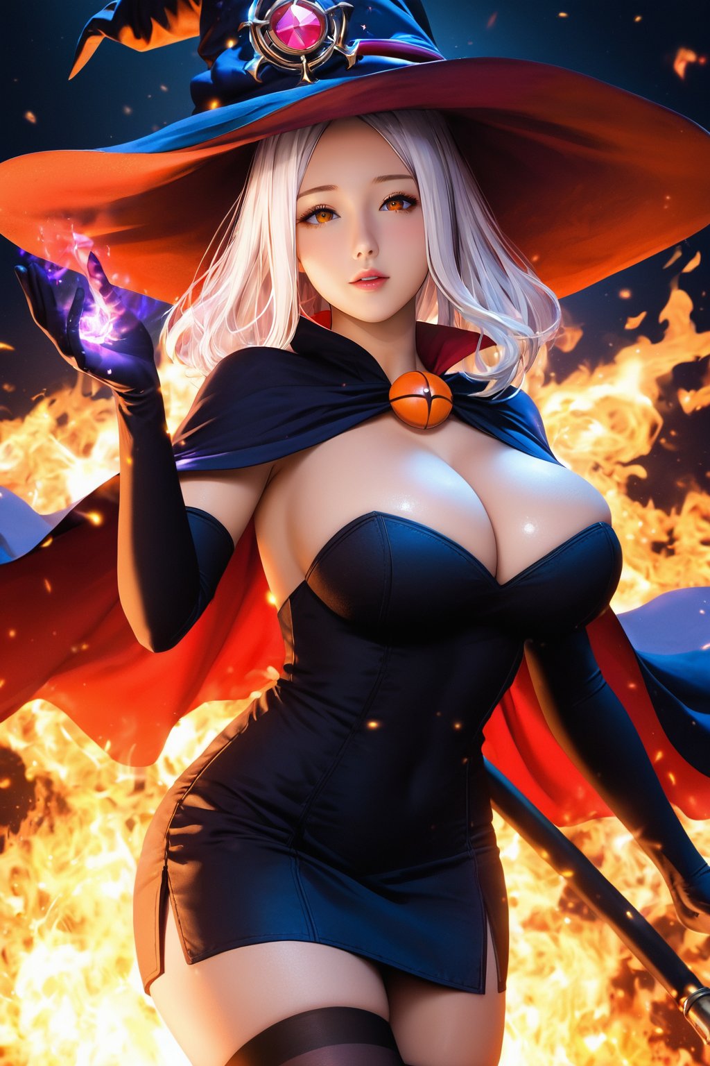 HD32k,minomi,ultra detailed, a beautiful mature witch with curvy body and huge breasts,casting fire magic with her hand and looking at viewer,shiny skin,white hair,prefect face,(blush:0.5),parted lips,witch hat,gloves,cape,thighhighs,magic theme,burning background,cowboy shot,, (best quality:1.3)