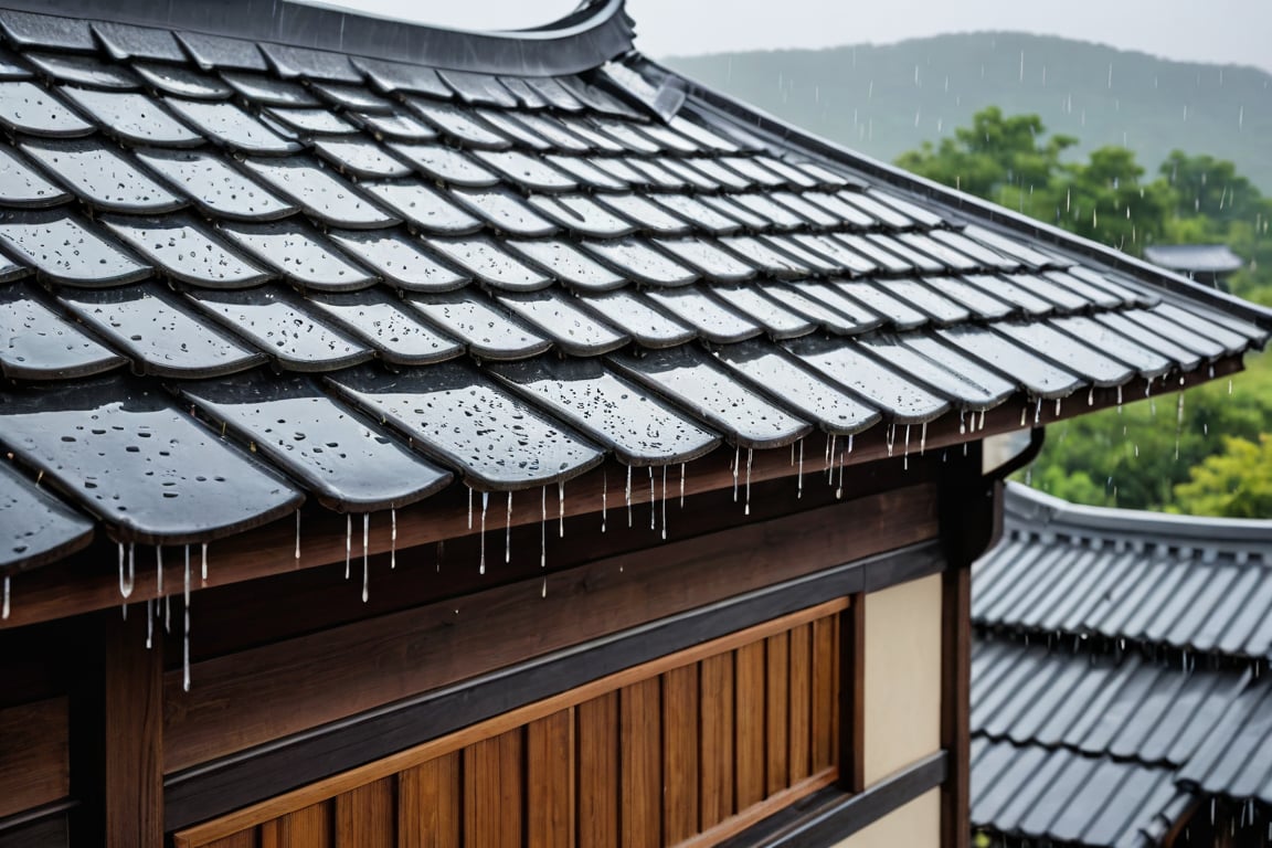It is raining very heavily on the tile roof of a hanok.Rainwater is flowing down the eaves.Very thick raindrops fallUltra-clear,  Ultra-detailed,  ultra-realistic,  full body shot,  very Distant view,  facial distortion,<lora:EMS-74471-EMS:0.400000>,<lora:EMS-57135-EMS:0.400000>,<lora:EMS-24184-EMS:0.800000>