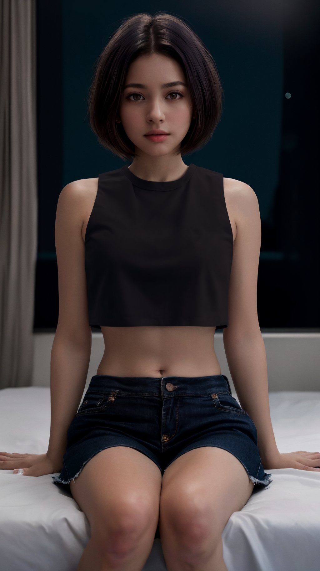 ((masterpiece, best quality, absurdres, highres, high quality, 8k raw)), 1girl, sitting, bedroom, blushed, (brown hair), perky,medium breasts, (hi-top fade:1.3), ((wearing crop top:1.4)), ((dark theme:1.5)), night, fog, (natural skin texture, hyperrealism, soft light, sharp), artistic photoshoot