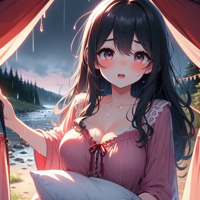 (((masterpiece))),  (((best quality))),  ((camping tent)),  ((open door curtain)),  holding pillow,  ((red frills chiffon pajamas)),  star \(sky\),  (((night))),  ((raining)),  cleavage,  big tits,  collarbone,  ((sweat)),  ribbon,  longhair,  open mouth,  rosy lips,  shy,  blush,  sleepy,  grass,  gravel,<lora:EMS-272345-EMS:1.000000>