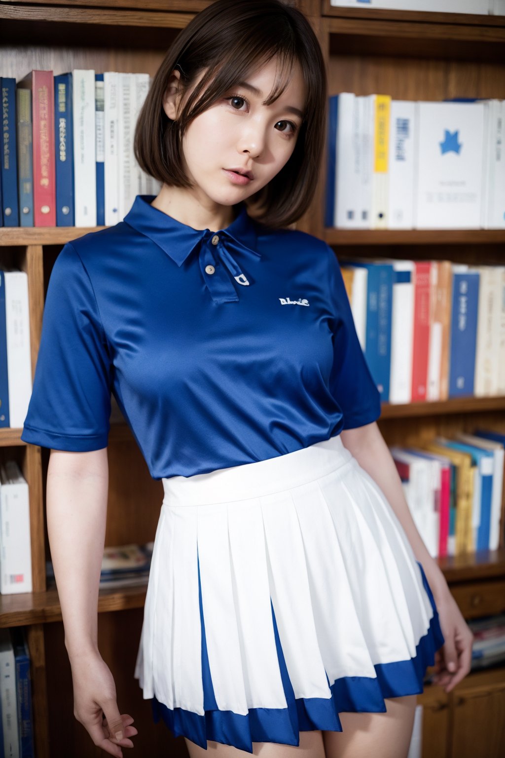 woman, short hair, (blue uniform:1.2), (pleated skirt:1.1), (ribbon), slender body, library, sunray, bokeh,  <lora:aiManjaKK-08:0.9>