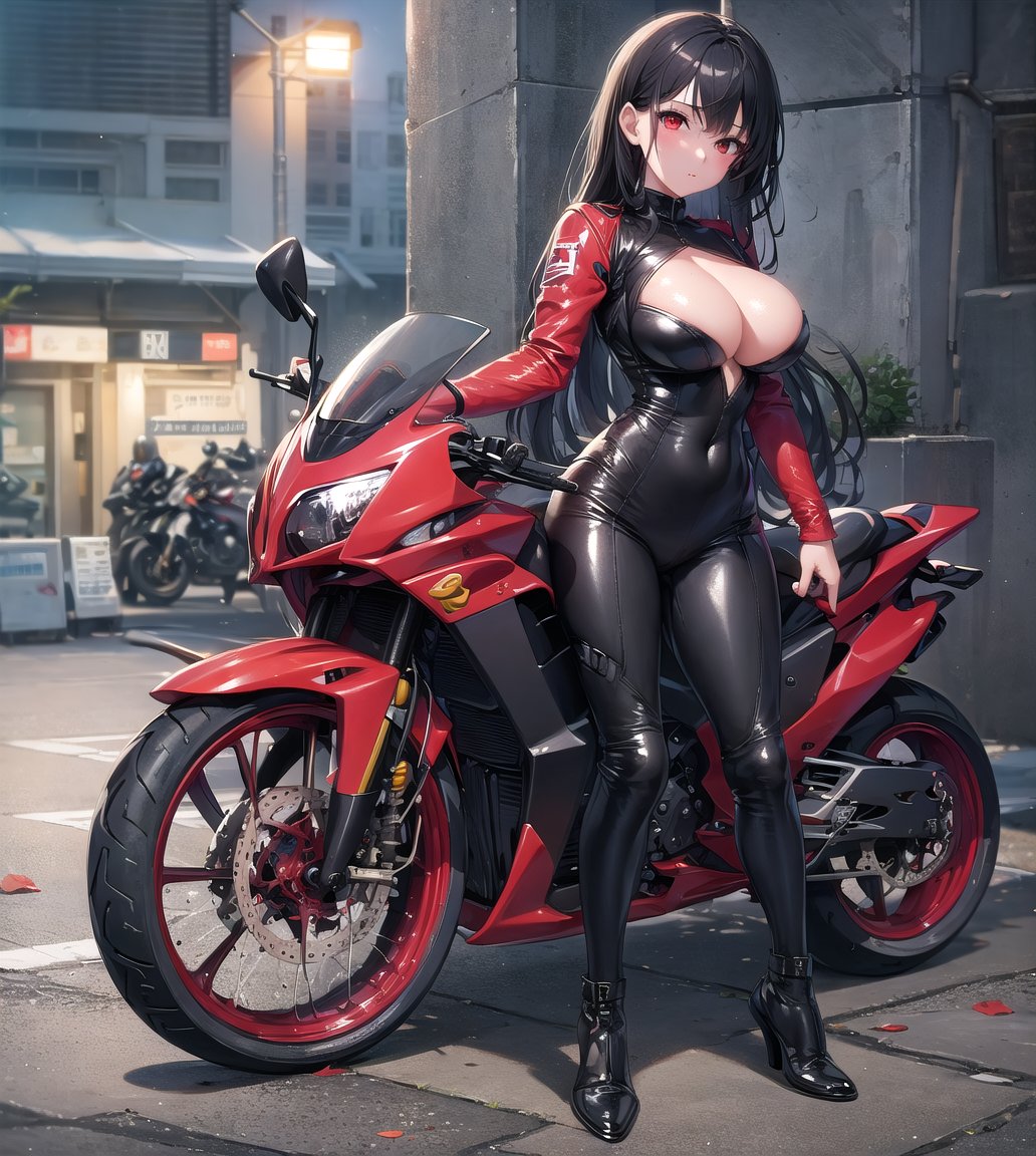 masterpiece, best quality, 1girl, black footwear, black hair, bodysuit, large breasts, long hair, looking at viewer, red eyes, motorcycle, 