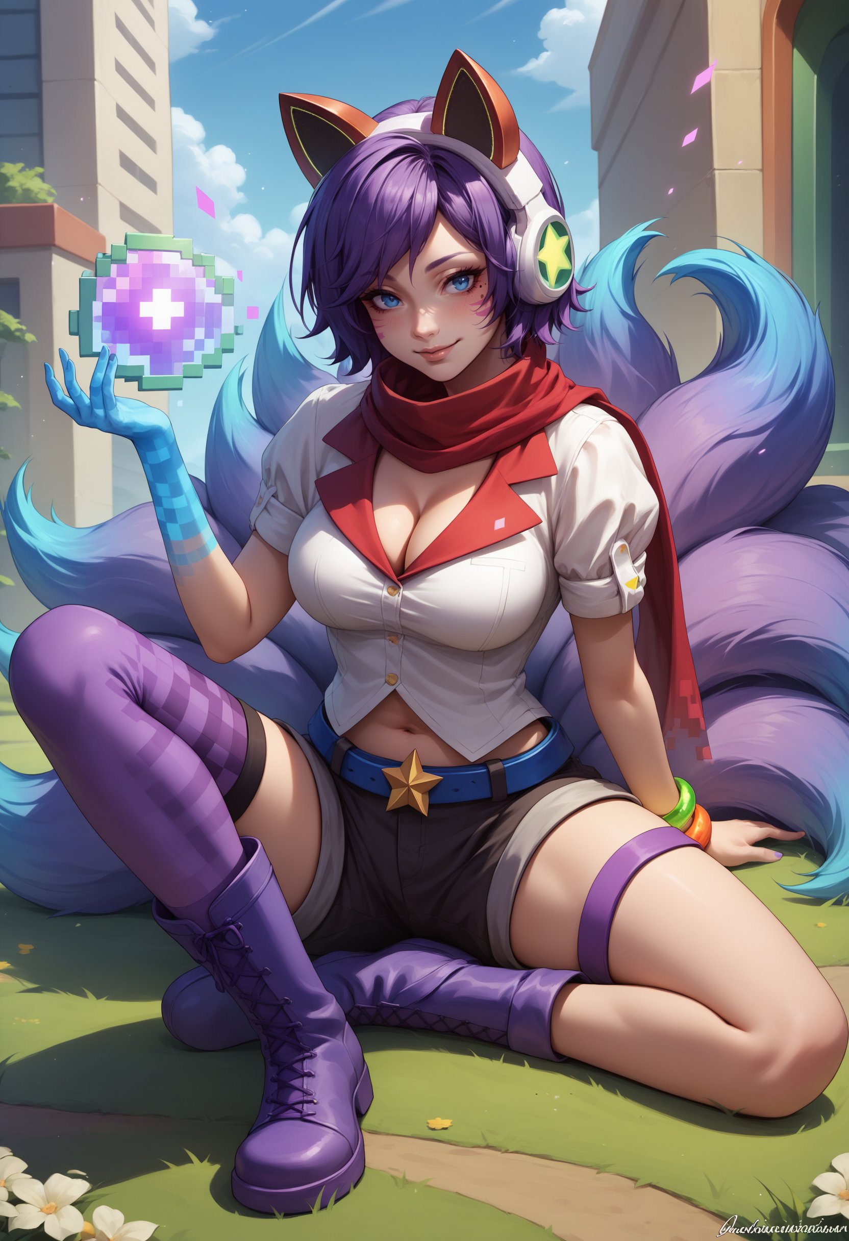 score_9, score_8_up, score_7_up, 1girl, solo, full body, sitting, seductive smile, outdoors, Ahriarcade, animal ear headphones, fox tail, multiple tails, facial mark, mole under eye, short hair, purple hair, blue eyes, blue hand, large breasts, red scarf, short sleeves, striped clothes, shirt, cleavage, bracelet, jewelry, midriff, Navel, belt, shorts, thighhighs, asymmetrical legwear, single thighhigh, star (symbol), <lora:Ahri_Arcade_pdxl_Incrs_v1:1>, purple boots, energy ball, 