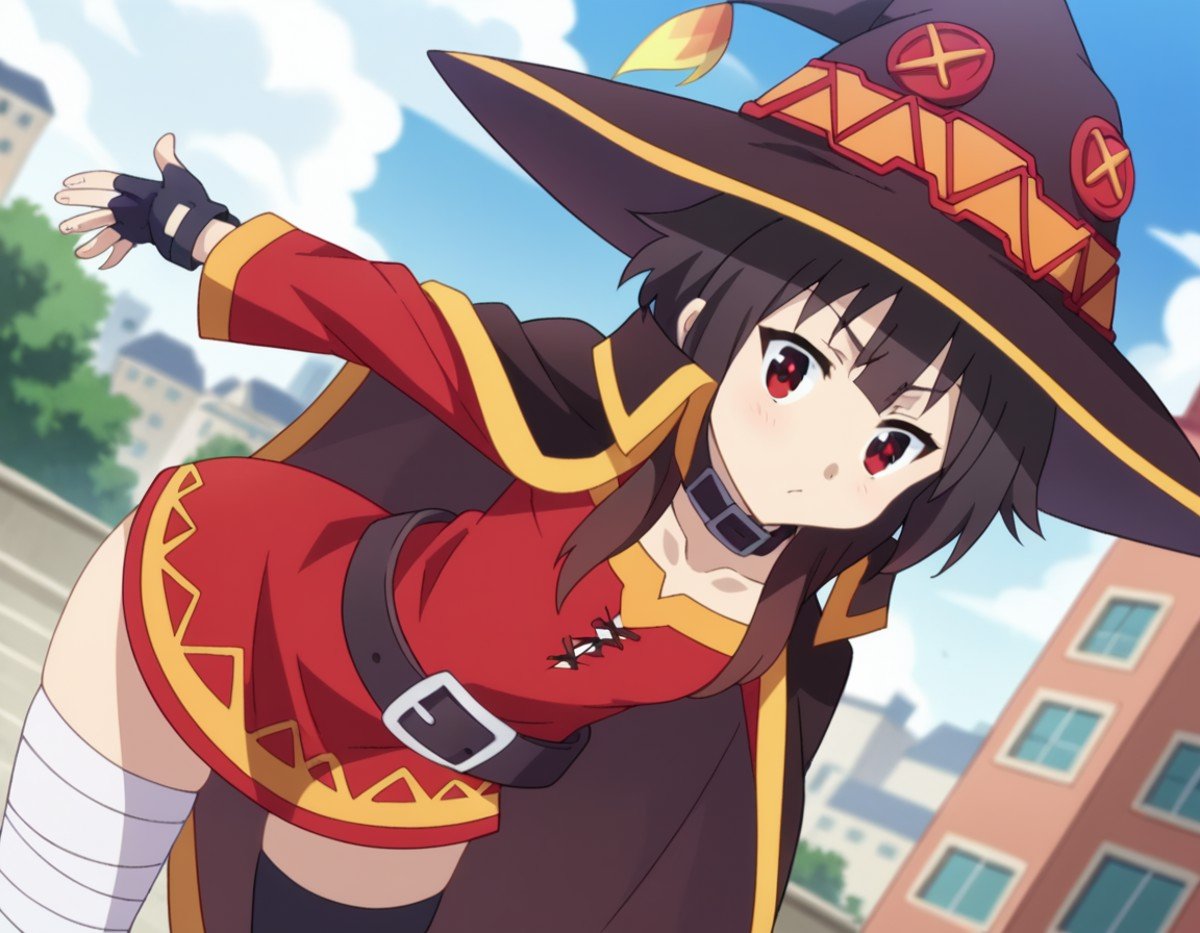 score_9, score_8_up, score_7_up, source_anime,konosubamegumin, <lora:konosuba-megumin-s2-ponyxl-lora-nochekaiser:1>,megumin, short hair, black hair, red eyes, short hair with long locks,thighhighs, gloves, hat, dress, black gloves, belt, black thighhighs, fingerless gloves, cape, collar, witch hat, bandages, red dress, single thighhigh, asymmetrical legwear, bandaged leg,outdoors, cityscape, bent over,looking at viewer, dutch angle, cowboy shot,