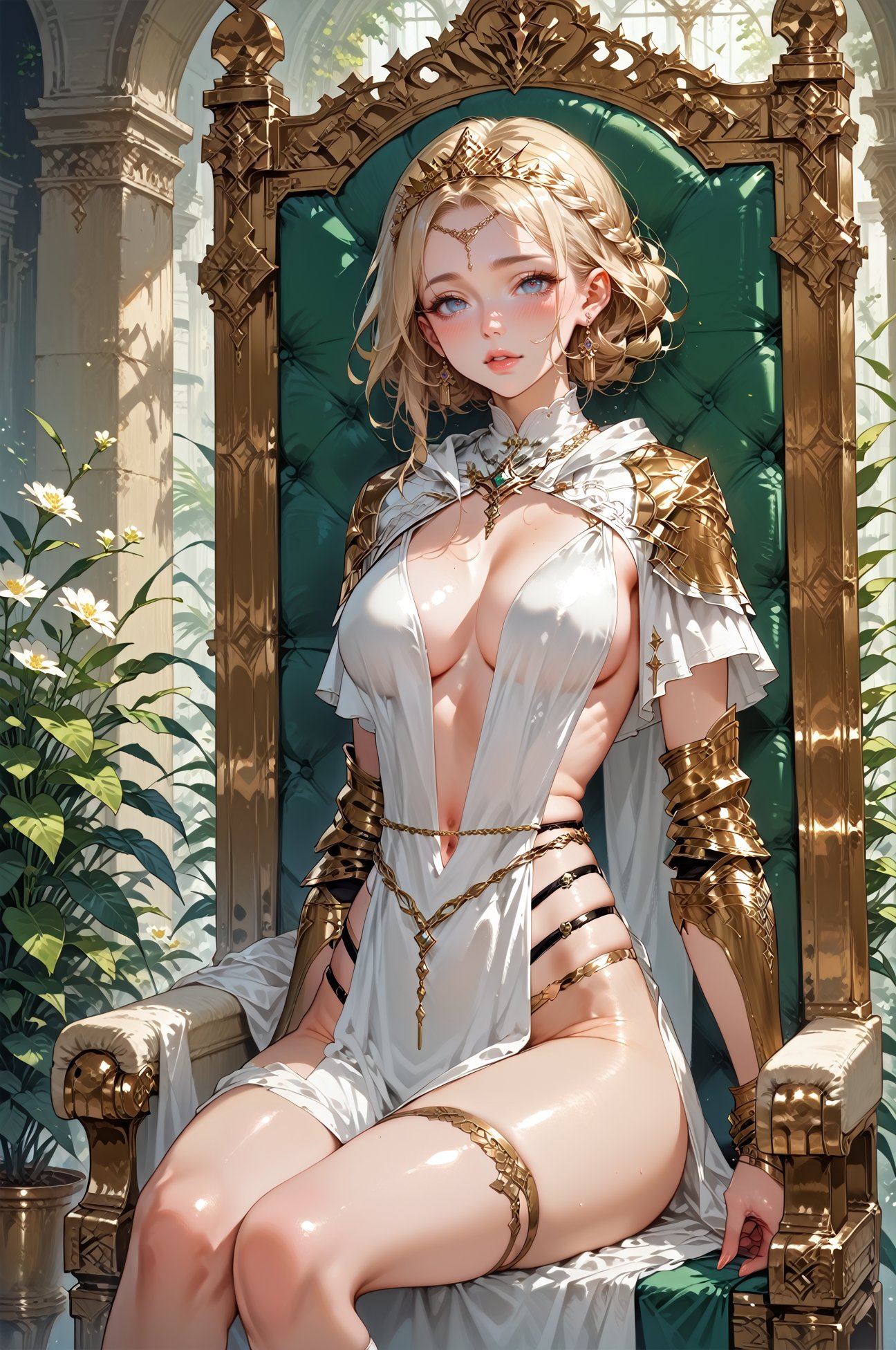 score_9, score_8_up, score_7_up, score_6_up, 1girl,sitting on a golden throne, blush, beautiful face, green eyes, blonde hair, crownbraid tie, golden tiara, flowers, plants, rating_questionable, shiny skin, gold jewelry, <lora:LOA3c1ips3XL:0.95> LOA3c1ips3XL, pelvic curtain, shiny earrings,<lora:hand 4:0.3> , <lora:Fant5yP0ny:0.6> <lora:Expressive_H:0.4> Expressiveh