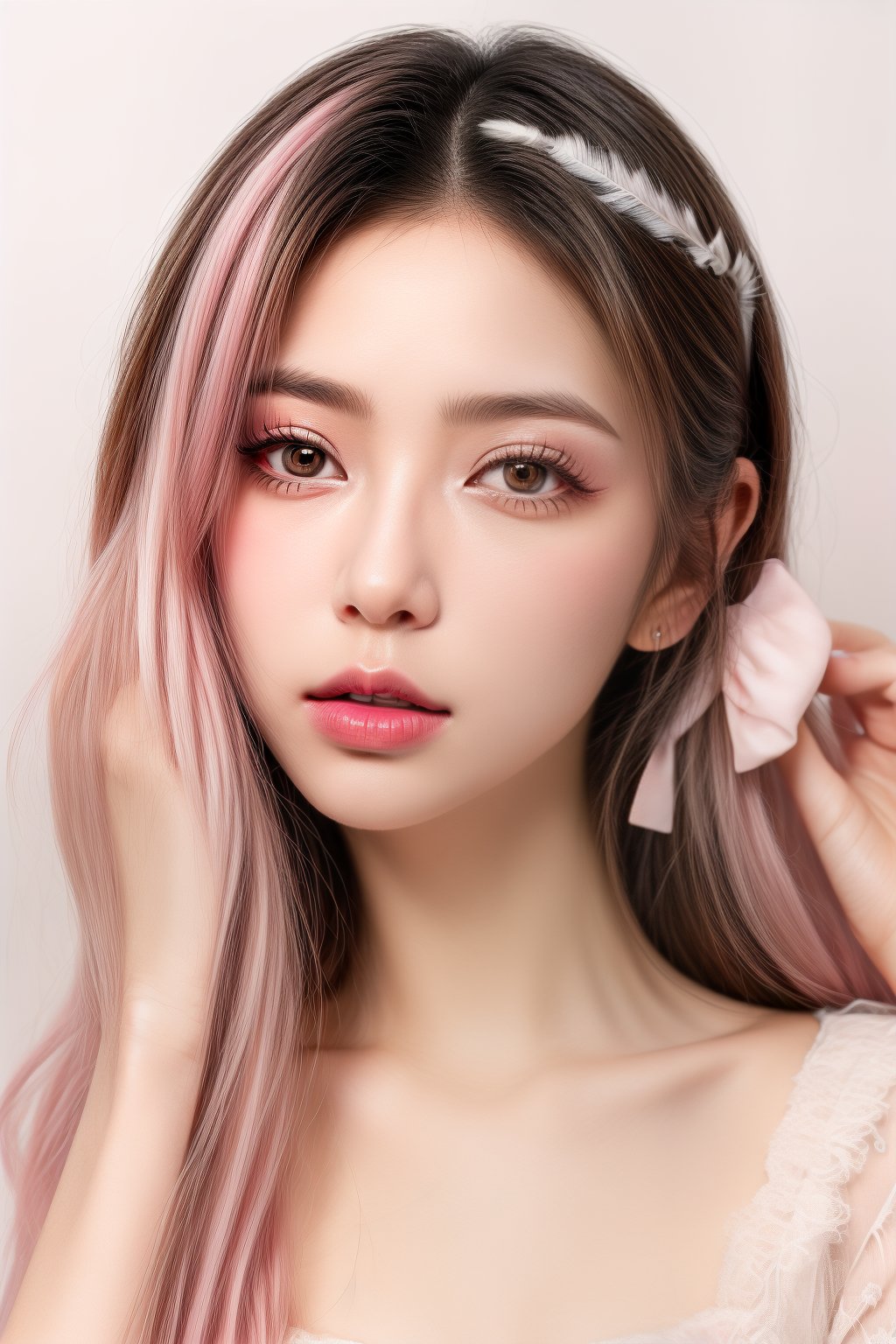 (fashion photography:1.3),(sweet:1.2),((nail polish, eyeliner, eyelashes, lipstick, makeup)),The girl has long,(wavy hair with a mix of pink and white colors:1.1),which gives off a soft and whimsical vibe. They are wearing what appears to be a light-colored,possibly pink,top with a ruffled neckline. The person is also adorned with accessories that include a headband with a bow and what looks like a feather or a decorative element on the side. The overall aesthetic is very cute and playful,with a focus on pastel colors and a fantasy-like quality. The background is simple and does not distract from the subject,which is the person's face and upper body,<lora:add_detail 3:1>,<lora:pcm_sd15_normalcfg_8step:1>,