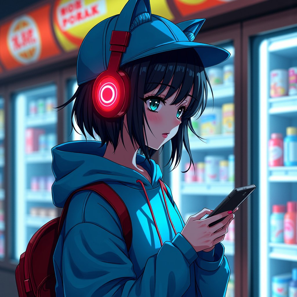 anime girl in a hat and coat using a cell phone,girl wearing headphones,pixiv frontpage,popular on pixiv,convenience store,(art station),top rated on pixiv,lofi girl,red headphones,shopping groceries,at pixiv,very detailed background,wearing a neon blue hoodie,getting groceries,headphones,mysterious coffee shop girl,detailed background,pixiv style,urban girl fanart,digital art on pixiv,wearing cat ear headphones,pixiv trending,lofi girl aesthetic,stood in a supermarket,she is holding a smartphone,checking her phone,neon shops,art - station,art-station,wearing modern headphone,inside a supermarket,wlop : :,photograph of a techwear woman,