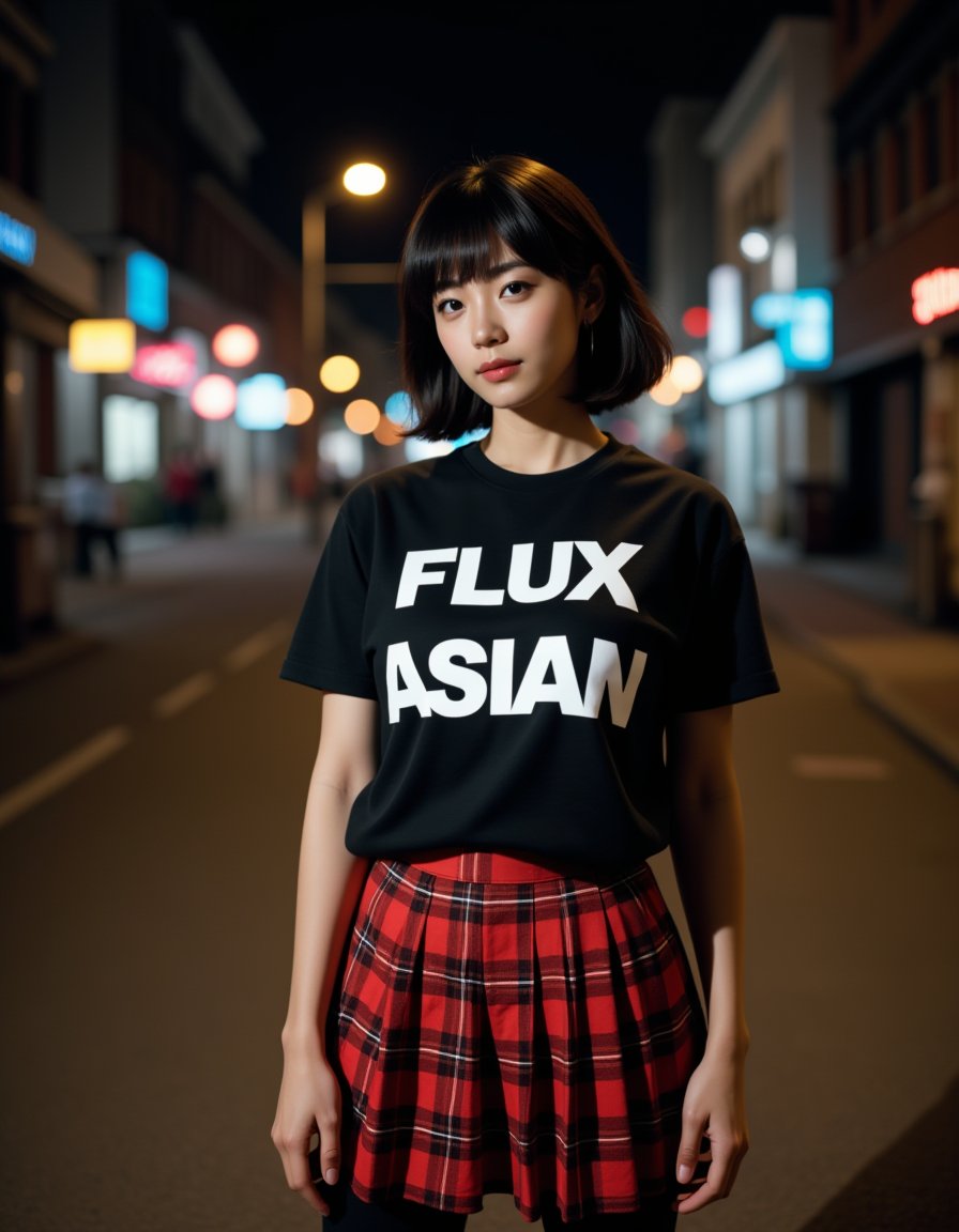 A photograph of an incredibly beautiful 18-year-old girl with short,stylish black hair,standing confidently on a dimly lit urban street at night. The shirt painted 'Flux Asian' in bold,large lettering,making it easily readable and adding emphasis to the message. She is wearing a red plaid pleated mini skirt that adds a touch of youthful energy to her look.