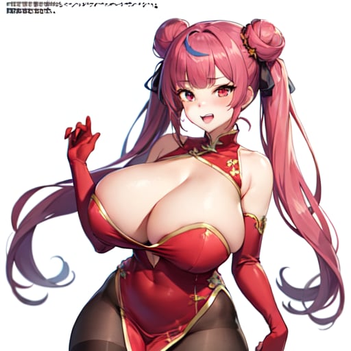 1girl, solo, original, chinese clothes, red dress, brown bodysuit, brown pantyhose, cleavage, cleavage cutout, bare shoulders, detached sleeves, red eyes, pink eyes, streaked hair, long hair, twintails, cone hair bun, huge breasts, curvy, thick thighs, bouncing breasts, seductive smile, naughty face, lewd, sexy, hot, glamorous, blunt bangs, standing, cleft of venus, white background, simple background, anime screencap, anime coloring, key visual, studio anime, standing, 