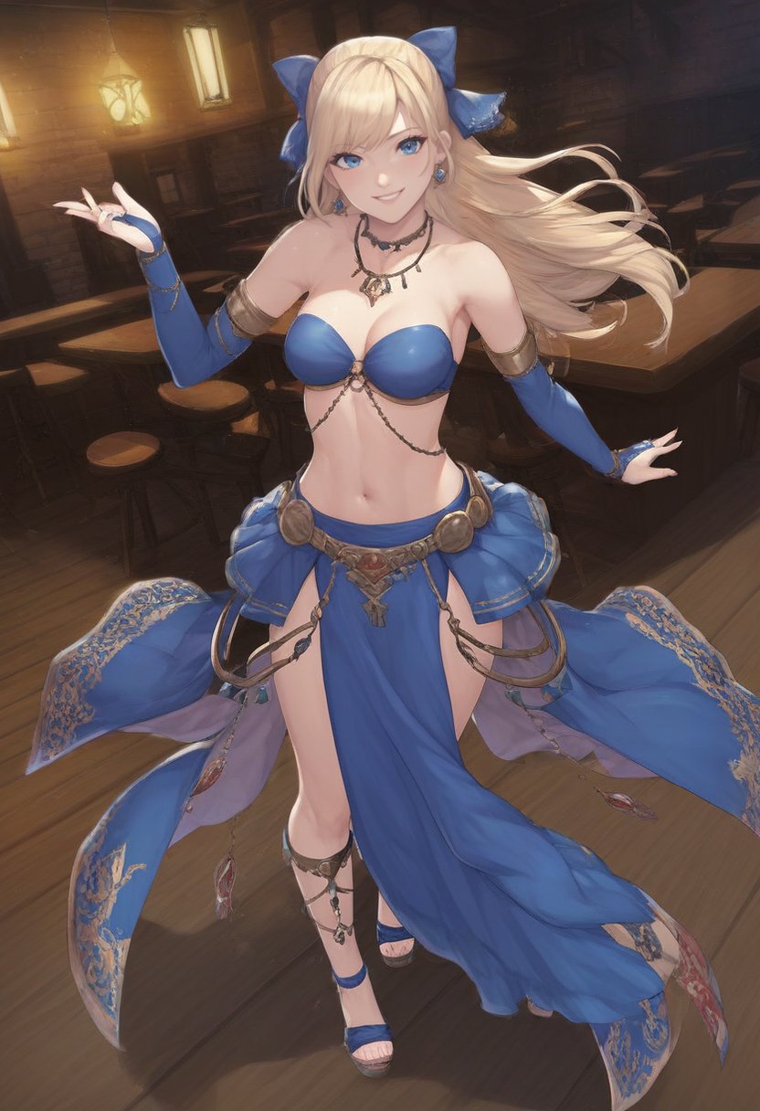 score_9, score_8_up, score_7_up, source_anime, ((1girl, solo):1.5), blonde hair, blue eyes, tavern, on stage, long hair,BREAK full body, looking at viewer, smile, sandals, bridal gauntlets,  necklace, hair bow, bow, breasts, skirt, midriff, navel, bare shoulders, (blue clothing:1.5), wedge heels  <lora:DncAf:.75> dncaf, dancing, 