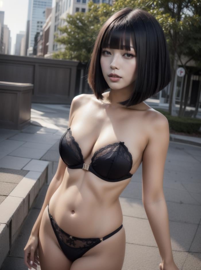 beautiful woman with black hair (sliced_bob) <lora:sliced_bob-2.0:0.8>,8k, masterpiece, highly detailed, solo,(The Womb),crane shot,looking up at the sky,coy,strapless dress