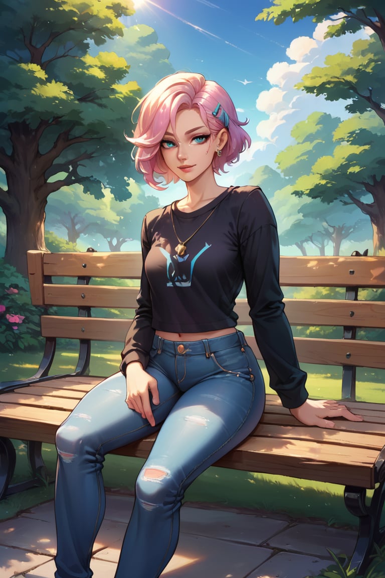 zPDXL, sitting on park bench, close-up, trees, nature, cloudy sky, wearing long sleeves, and jeans in a park campsite, shiny skin, bright sunlight, dappled sunlight,, (score_9, score_8_up, score_7_up, score_6_up, score_5_up, score_4_up, high res, 4k)