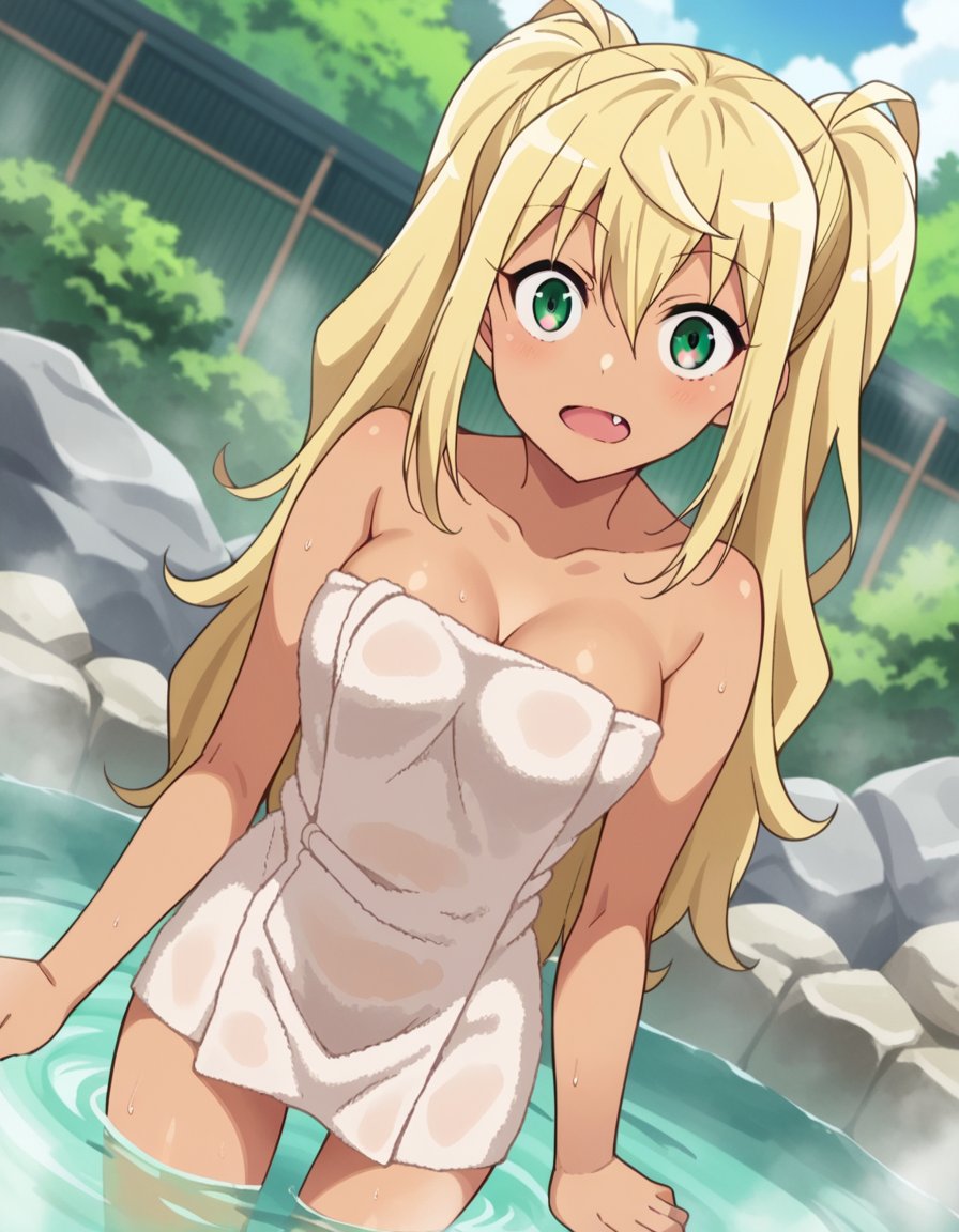 score_9, score_8_up, score_7_up, source_anime,hibikisakura, <lora:hibiki-sakura-s1-ponyxl-lora-nochekaiser:1>hibiki sakura, long hair, blonde hair, hair between eyes, twintails, green eyes, fang, dark skin, dark-skinned female, gyaru, mature female,nude, naked, outdoors, onsen, towel, naked towel, steam, bathing, nude cover, partially submerged, water, bath, steam censor, wet towel,looking at viewer, dutch angle, cowboy shot