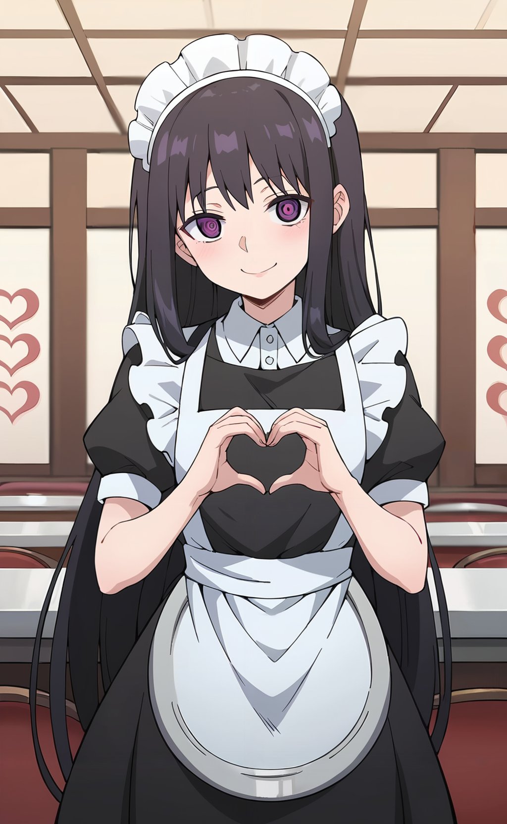 source_anime, zPDXL2, 1girl BREAK <lora:oto_adashino:1>, oto_wz, very long hair, black hair, purple eyes, ringed eyes, maid, headdres, apron, short sleeves, maid apron, puffy sleeves, black dress, heart hands, hearts, standing, restaurant, moe moe kyun!, light smile