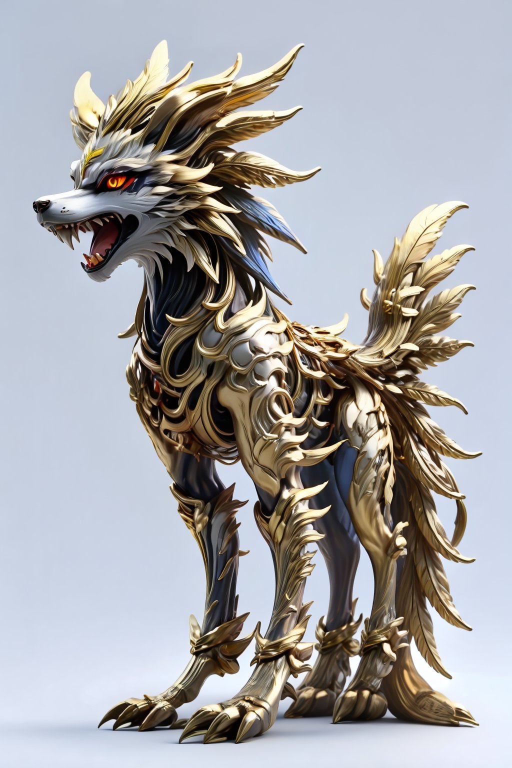 wolf, no humans, sharp teeth, white background, solo, full body, yellow eyes, simple background, teeth, claws, open mouth, feathers, wolf, colored sclera, standing, tail, monster, from side, black sclera, animal