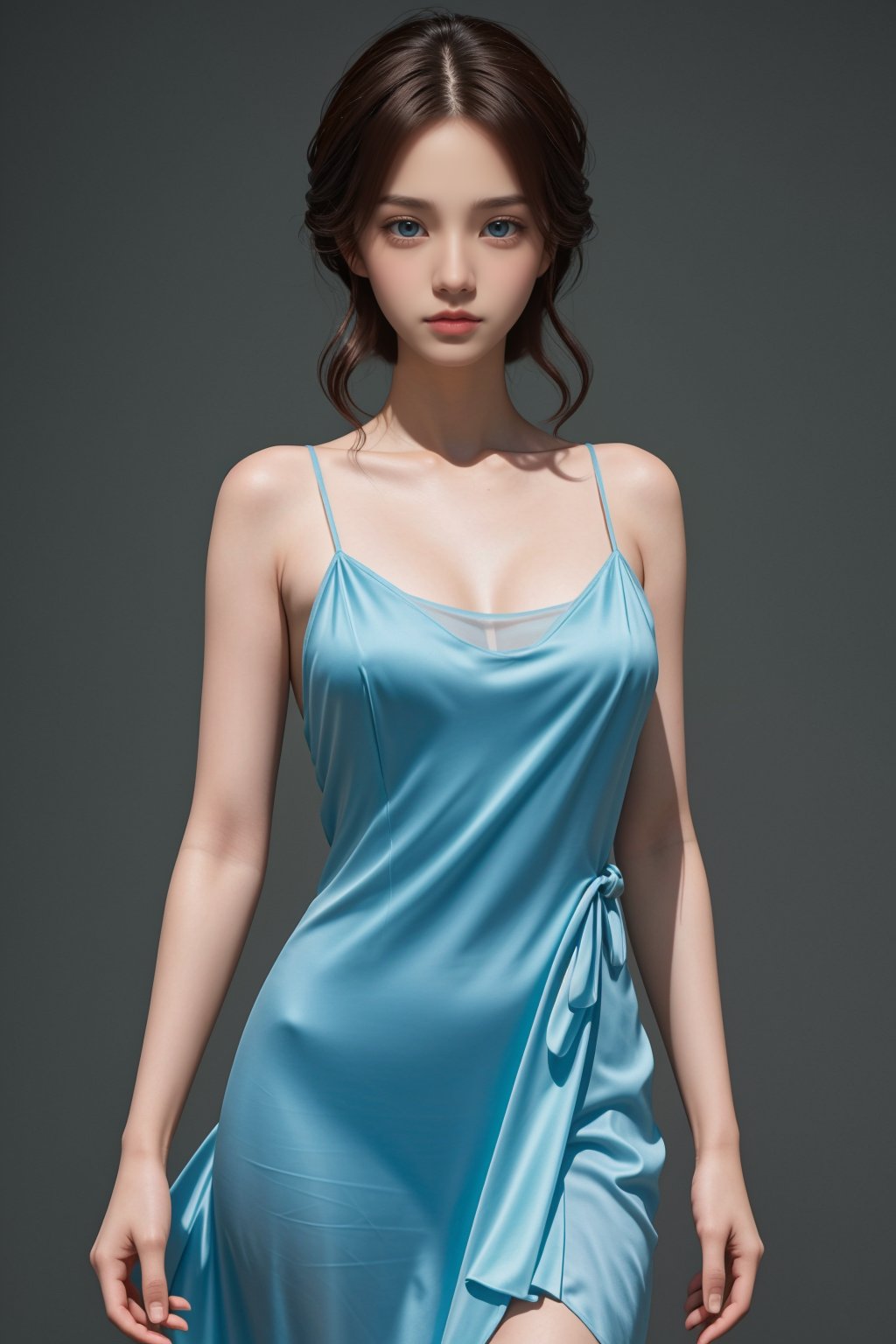 Here is the SD prompt:Render a stunning, ultra-detailed masterpiece featuring a loli girl with clear aqua eyes, slender figure, and realistic fair skin. She wears a beautiful, flowing silk summer dress that showcases her medium-breasts. The subject's delicate features are accentuated by soft, natural lighting. Her brown short hair falls gently around her face as she gazes directly at the viewer from a slight angle, her hand raised with a single flower resting delicately on her palm against her collarbone. Set against a gradient background, this full-length artwork exudes photorealism and perfection, making it a trending piece for ArtStation<lora:EMS-84091-EMS:1.000000>, <lora:EMS-3262-EMS:0.500000>, <lora:EMS-339099-EMS:0.400000>