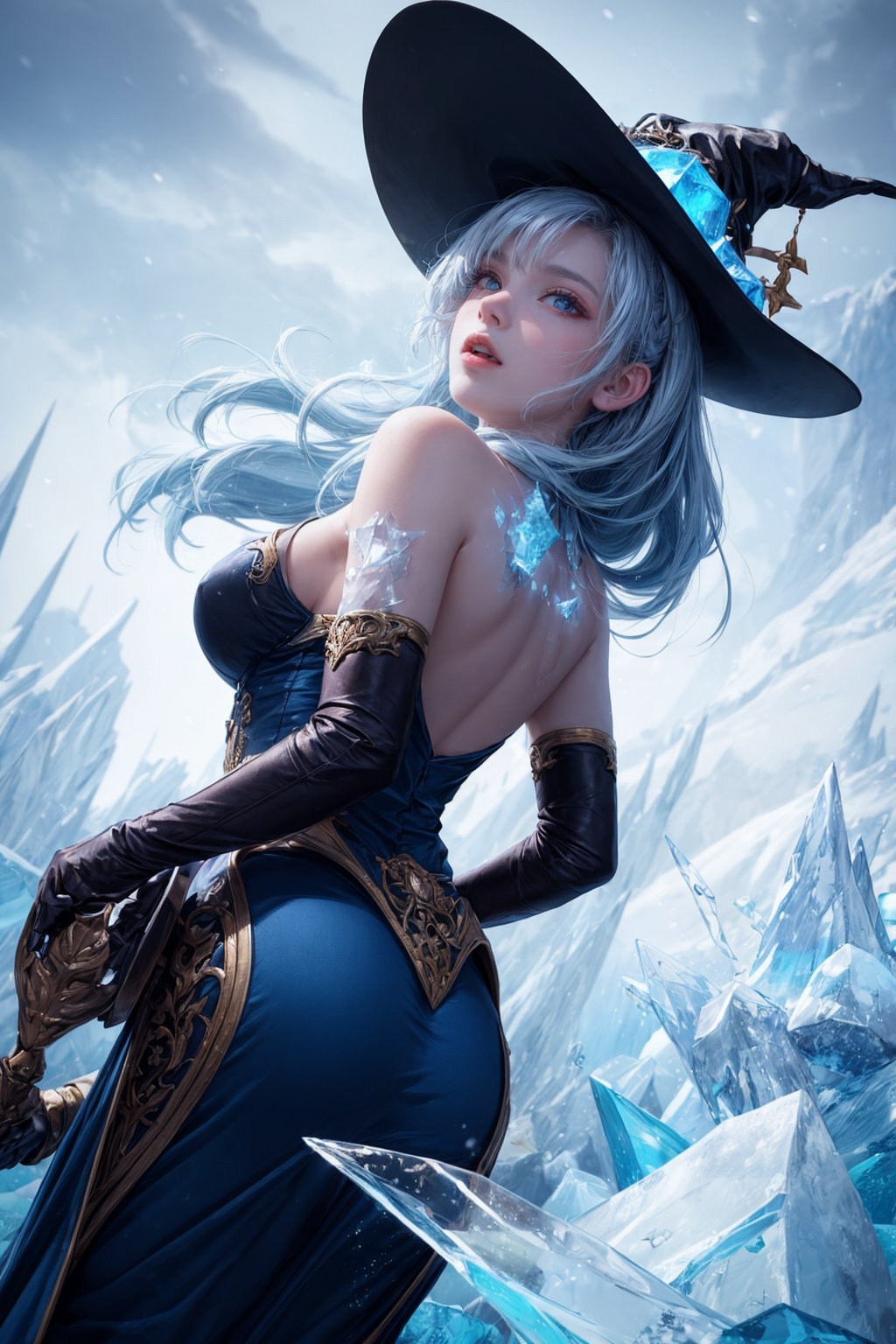 Frost witch,ornate long flowing witch robes (made of clear radiating blue ice:1.4),crowned witch pointy hat,(casting magic),fantasy art,intricate details,style Jean - Baptiste Monge,style Alan Lee,dramatic shot angle,atmospheric particles,back light,dynamic lighting,Real,raw cinematic photorealism,action portrait,8k,detailed,full frame,epic light and shadow,fisheye,from below,snowing,wind,flowing,<lora:add_detail:1>,